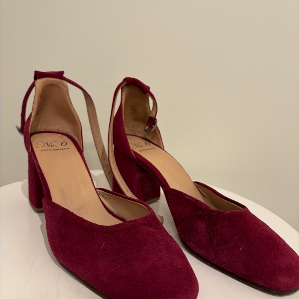 No. 6 Burgundy Suede Block Heel Pumps with Ankle Strap